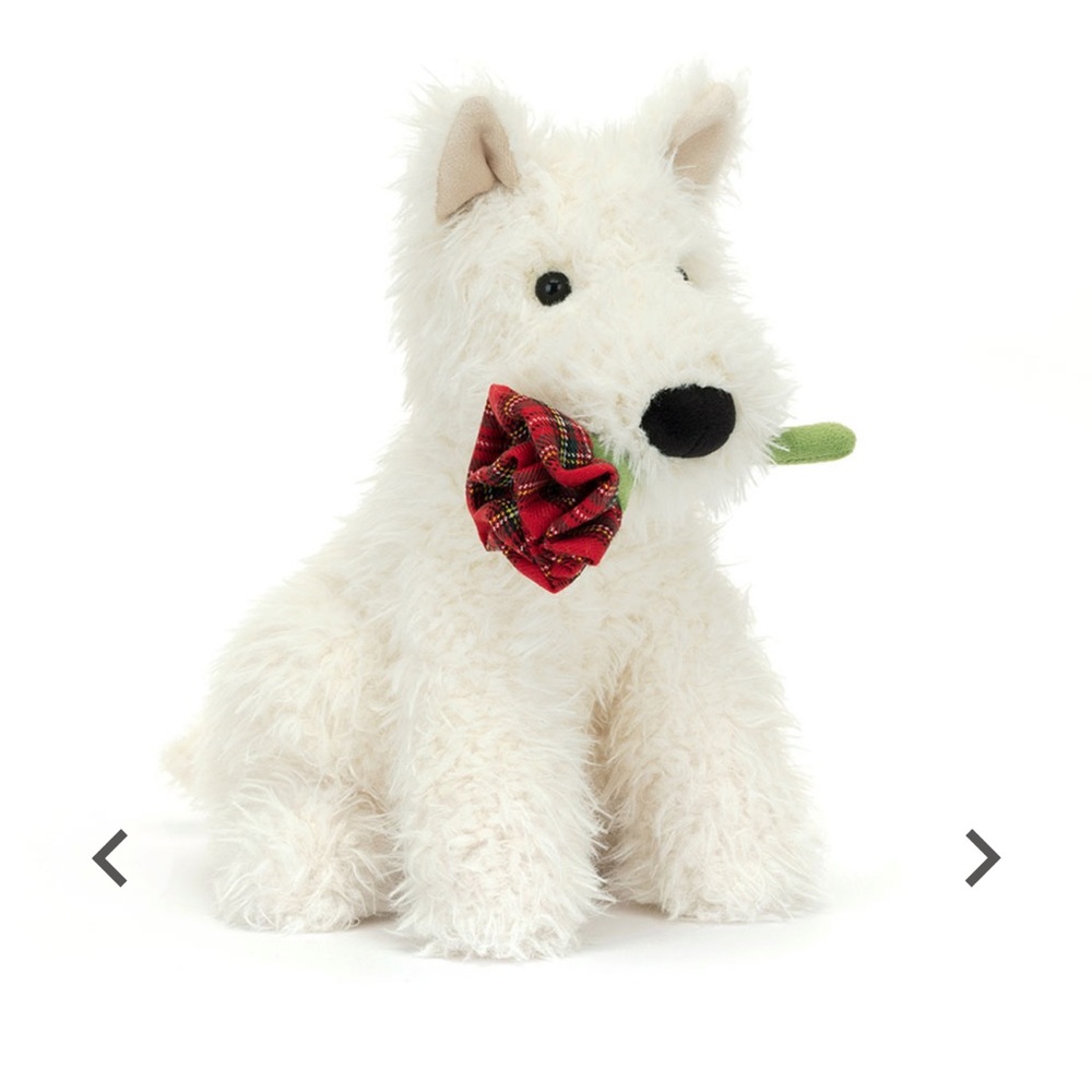 Jellycat Munro Scottie Dog ‘Love You’ White Plush with Red Plaid Rose